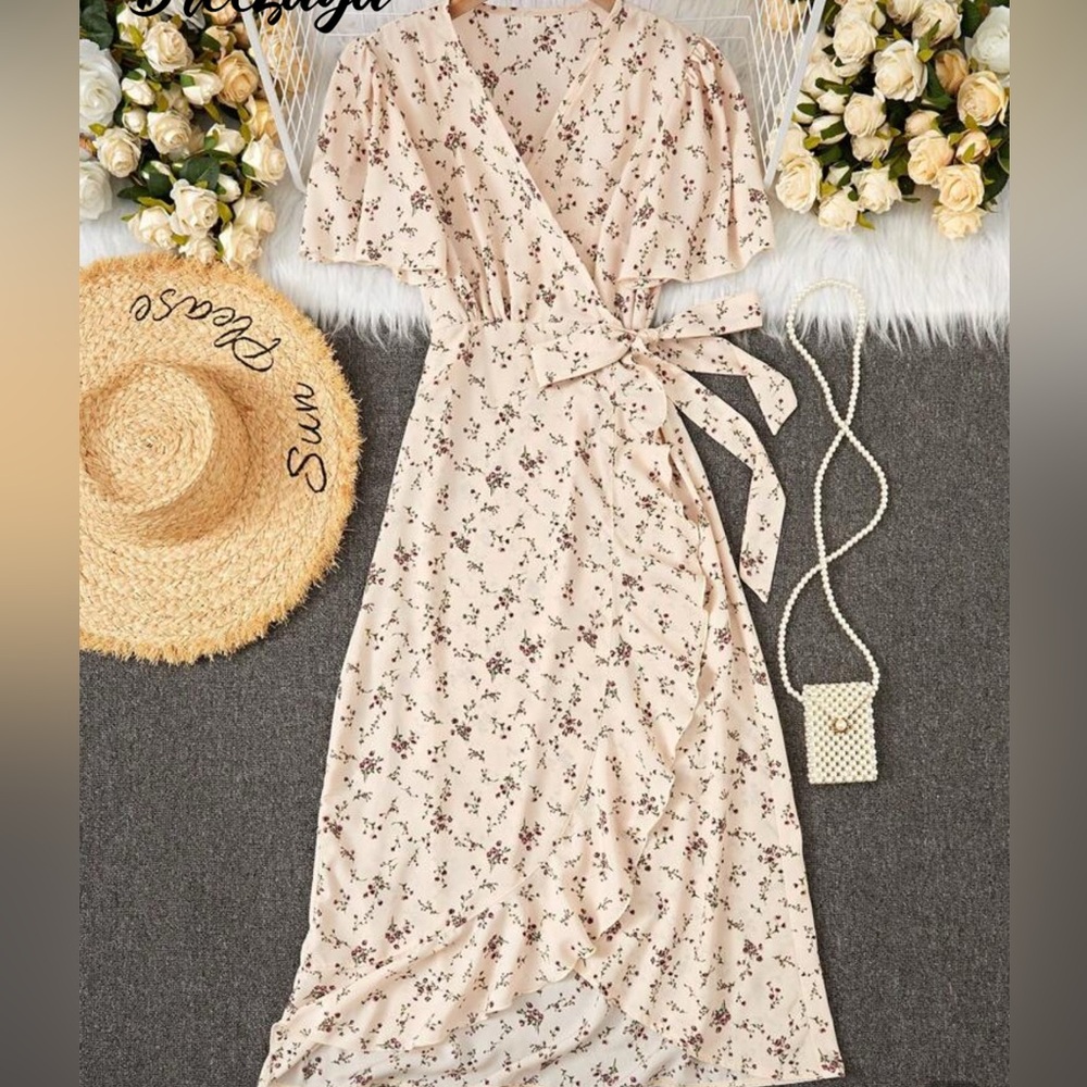 SHEIN Cream Midi Dress with Red Floral Design